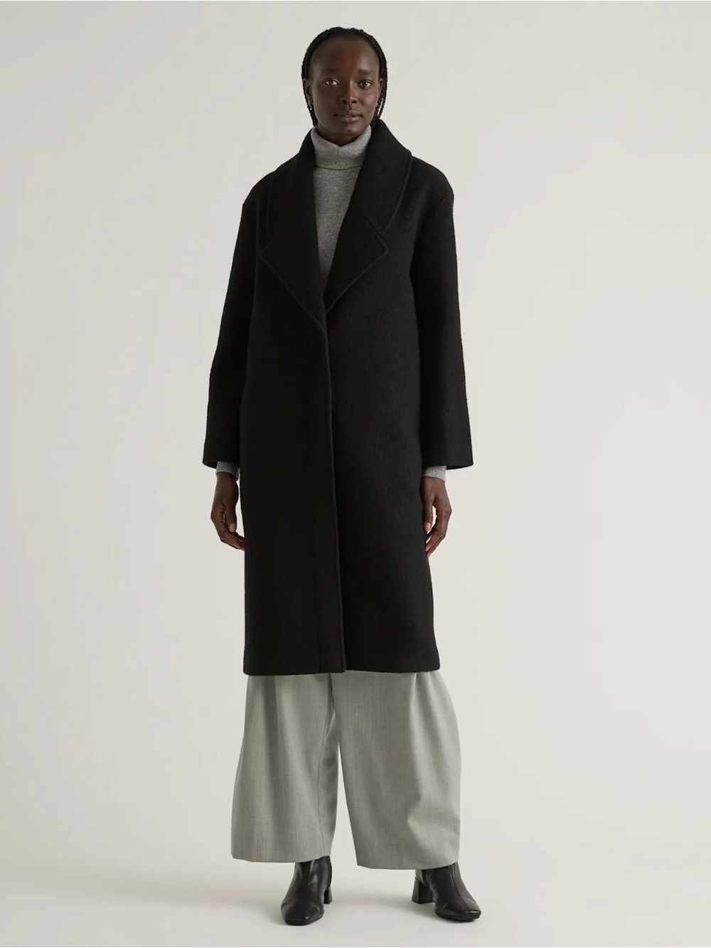 Quince NWOT Merino Wool Shawl Collar Long Coat in Black Size Medium
